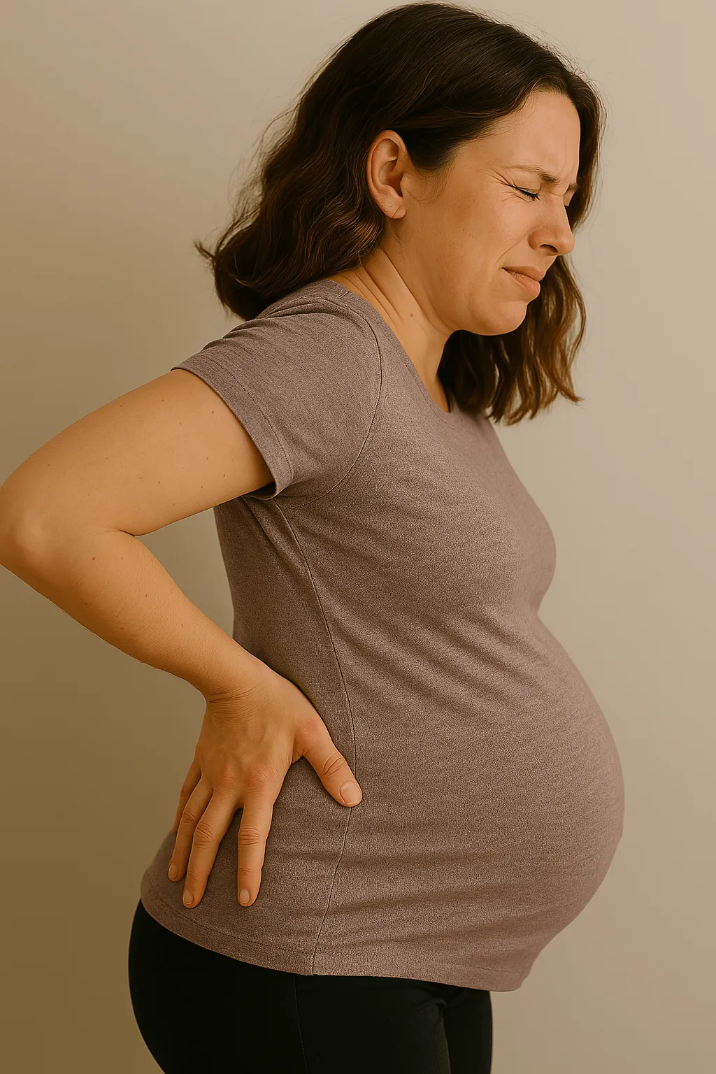 Pregnant woman holding her lower back in discomfort, looking for prenatal chiropractic care in Concord, NC
