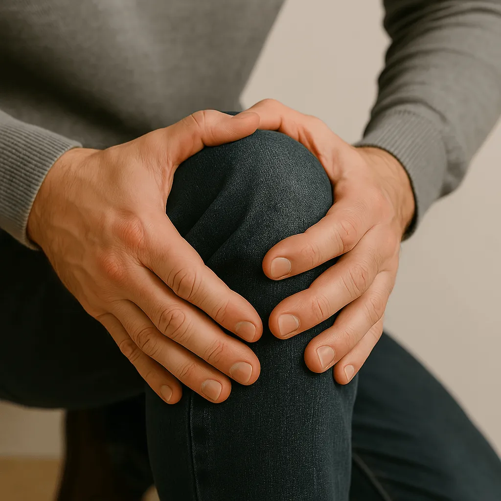 Close-up of a person holding their knee in pain, seeking joint pain relief through chiropractic care in Concord, NC