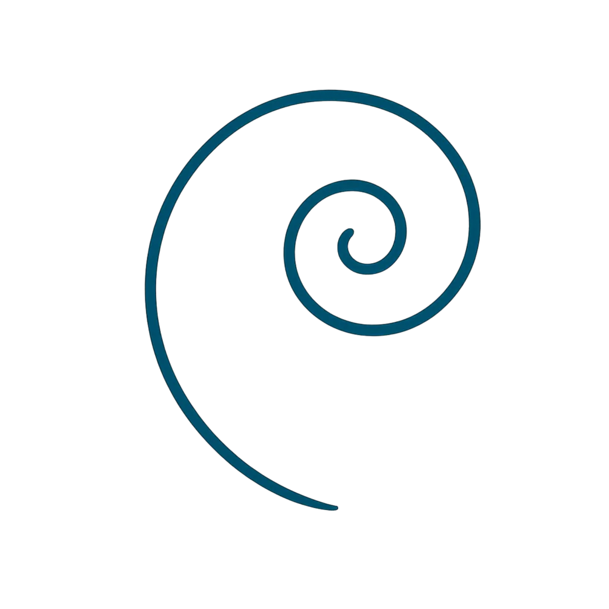 A minimalist, single-stroke spiral icon in ocean blue