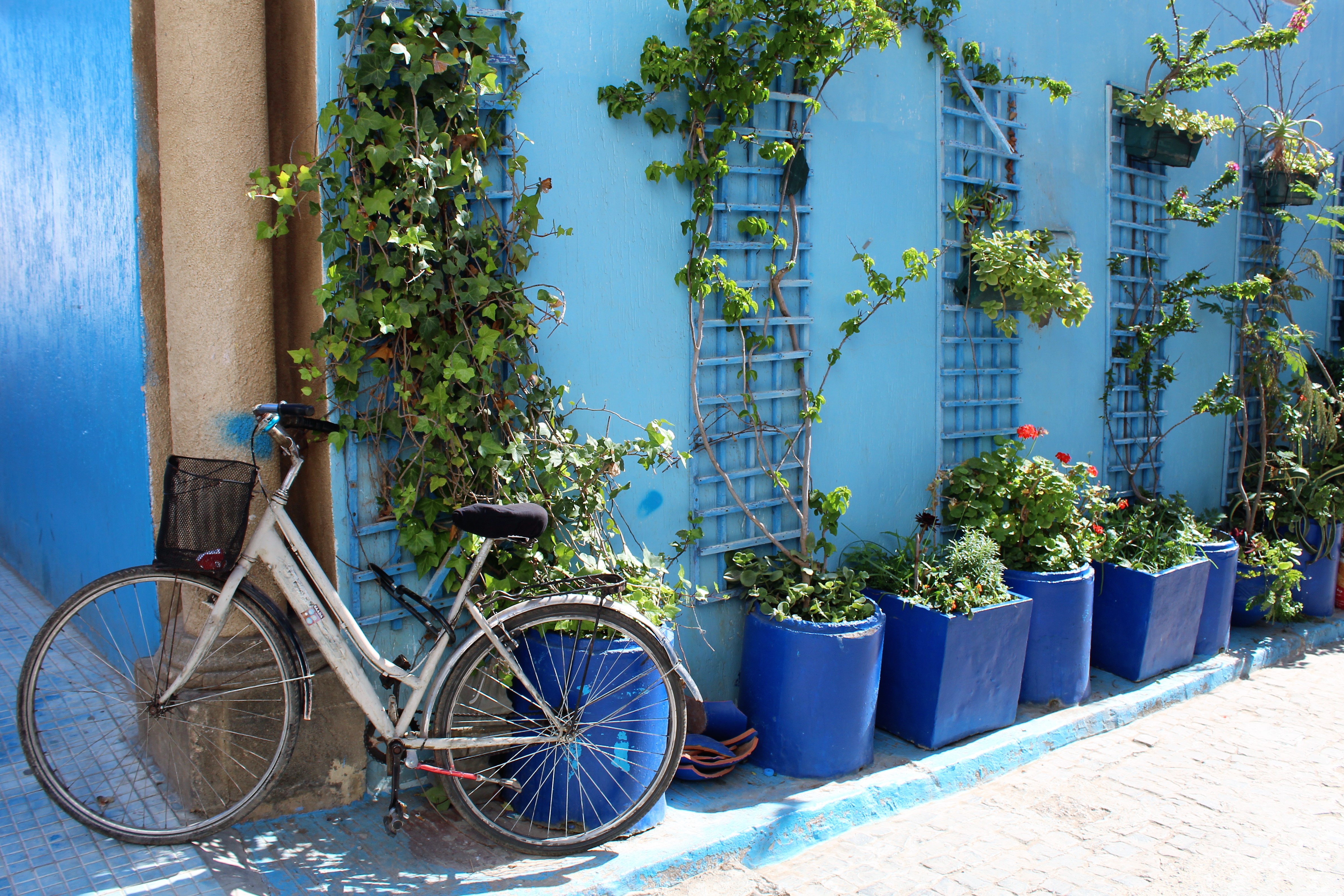 A bicycle against a blue wall in Rabat's medina