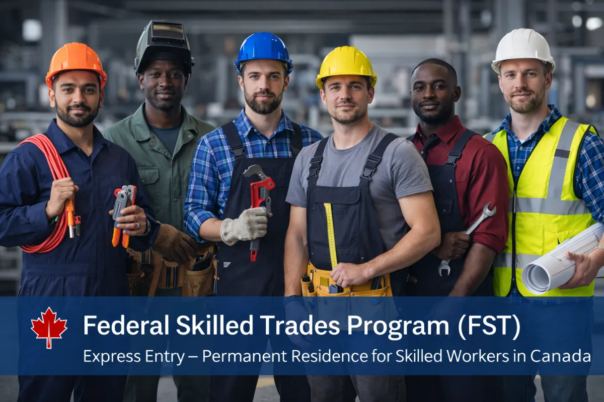 Federal Skilled Trades workers including electrician, welder, plumber and mechanic standing confidently in industrial setting Canada immigration