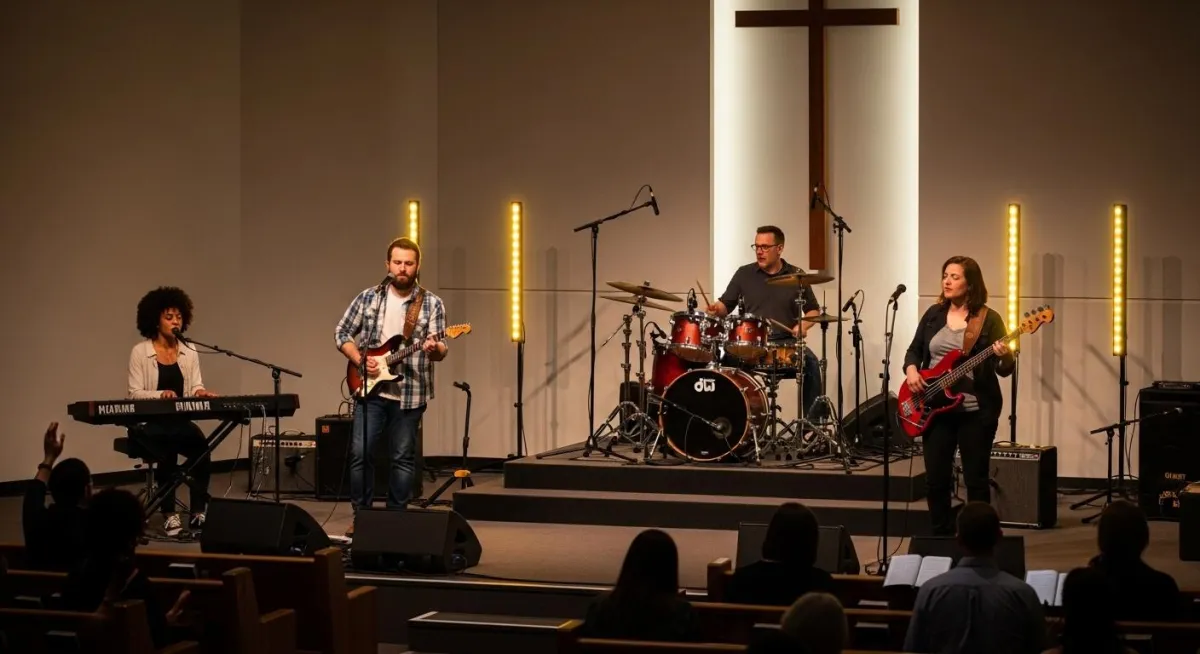a recording studio with a keyboard and a guitar