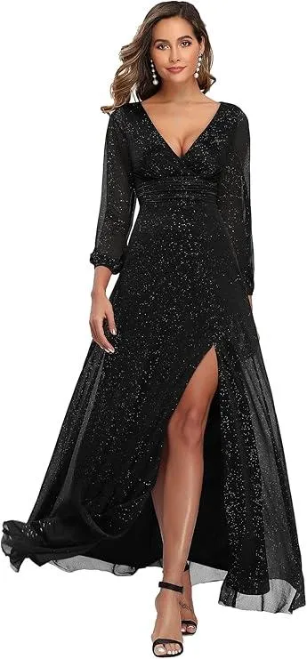 Black V-Neck High Thigh Slit Formal Dress  