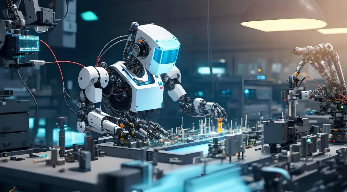 An advanced robot on a manufacturing line embodies Generative AI consulting, demonstrating the innovation and expertise MaxProfits AI brings to industries such as real estate and marketing for operational efficiency and growth.