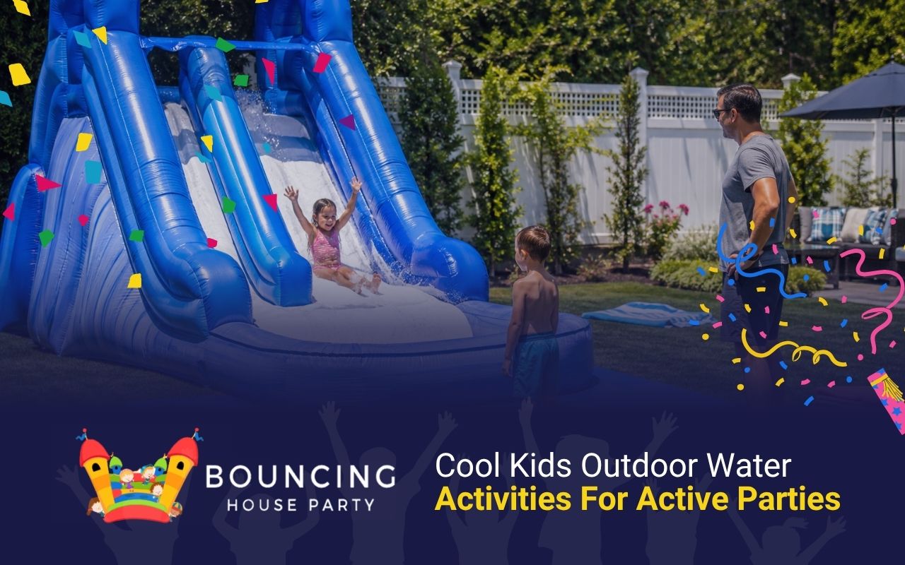 Kids outdoor water activities with a fun water slide
