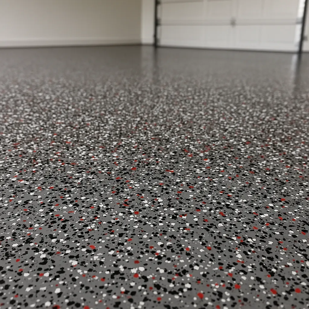 Close-up of durable epoxy garage floor coating with a speckled finish in DFW Metroplex home