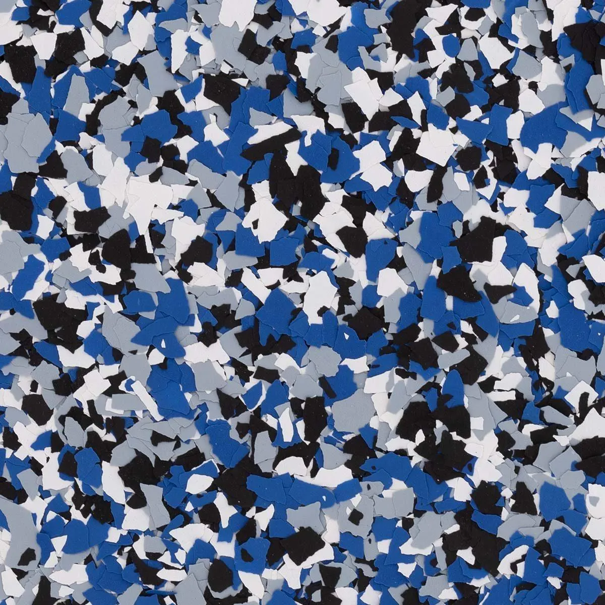 Close-up of blue and black full chip garage floor coating, highlighting decorative and durable flooring option