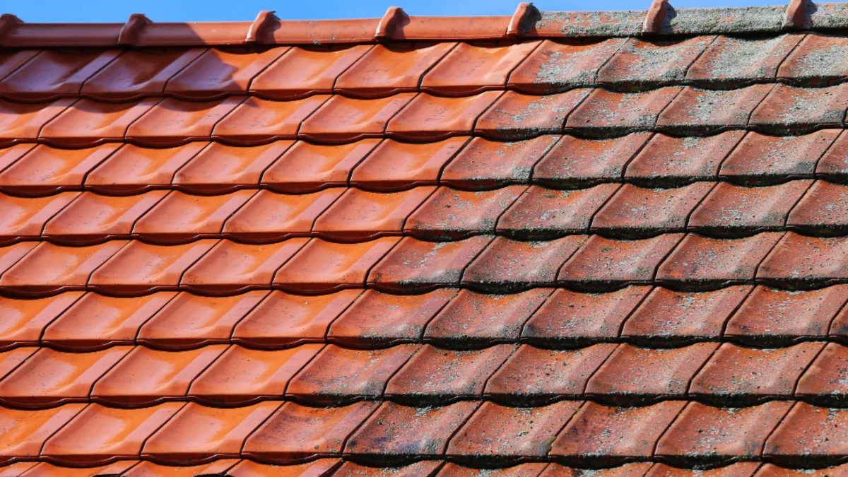 Before and after of a clean and dirty roof.