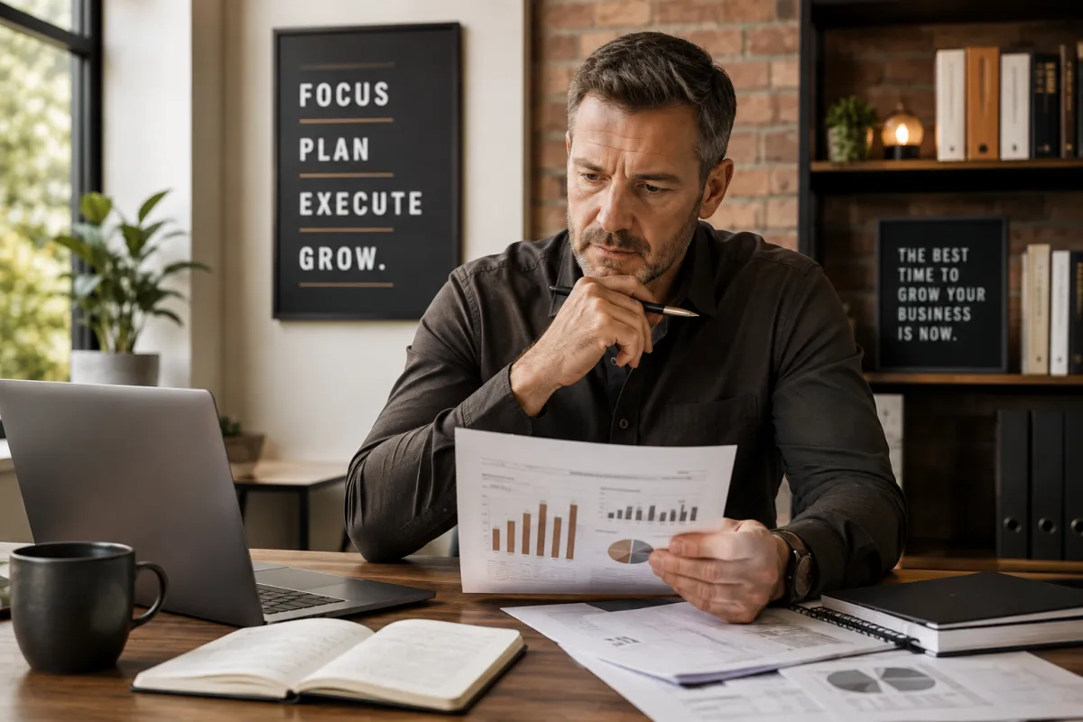 Business owner reviewing sales performance and business growth