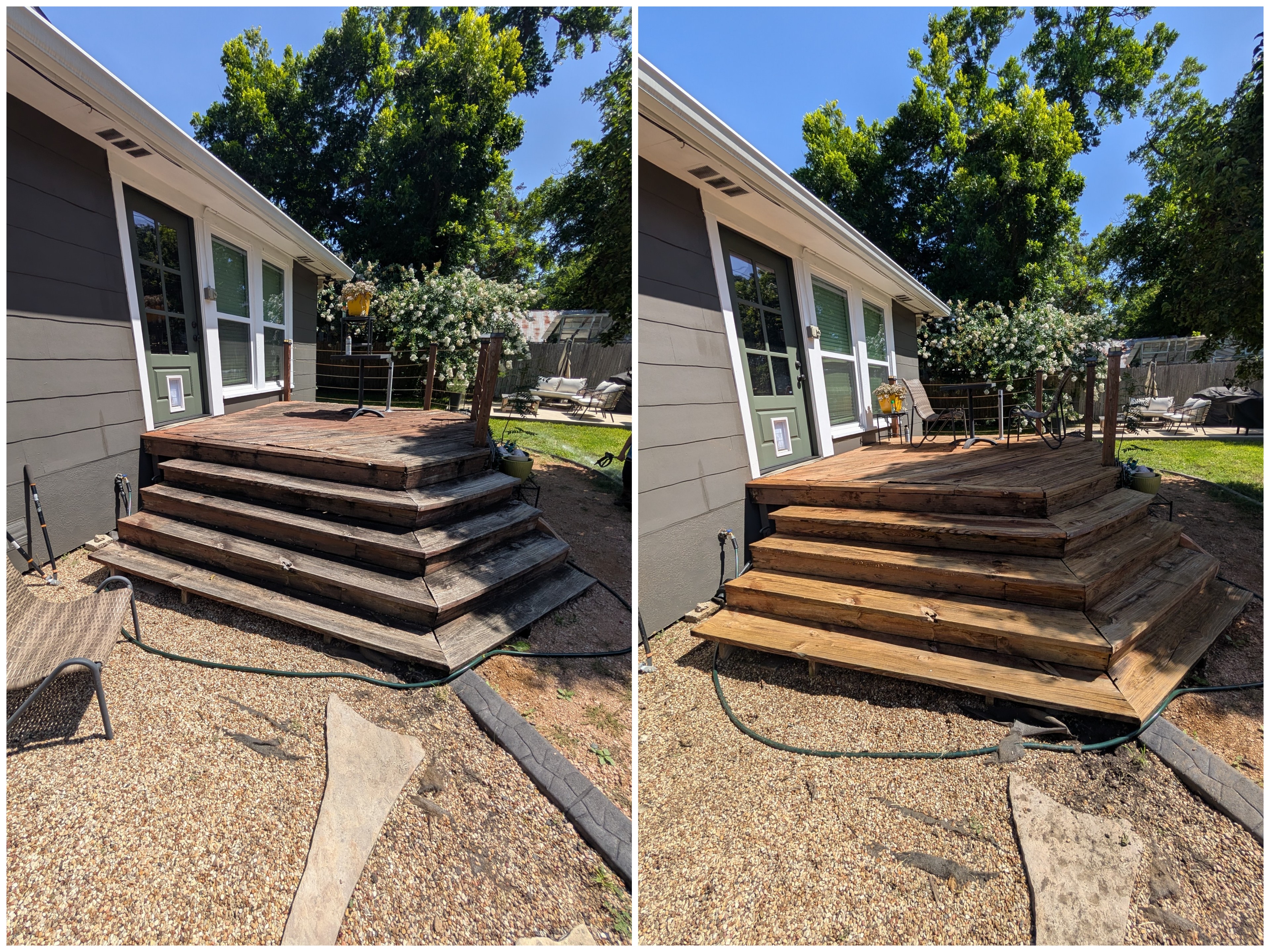 Weathered deck stairs brought back to warm wood in Bell County
