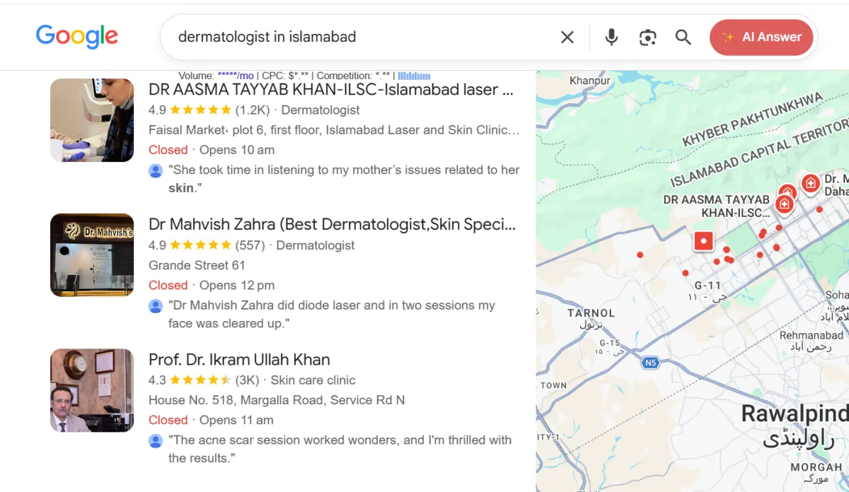 Clinical search results visualization showing top placement
