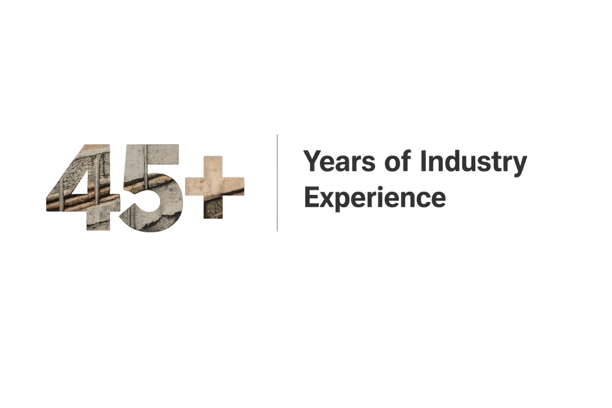 45+ years of industry experience in concrete services, showcasing durability and craftsmanship.