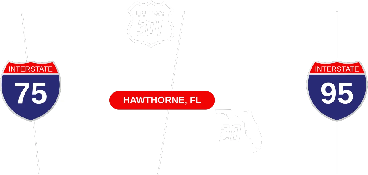 Diagram of I-75, I-95 US HWY 301 AND STATE ROAD 20 in relation to Hawthorne Florida