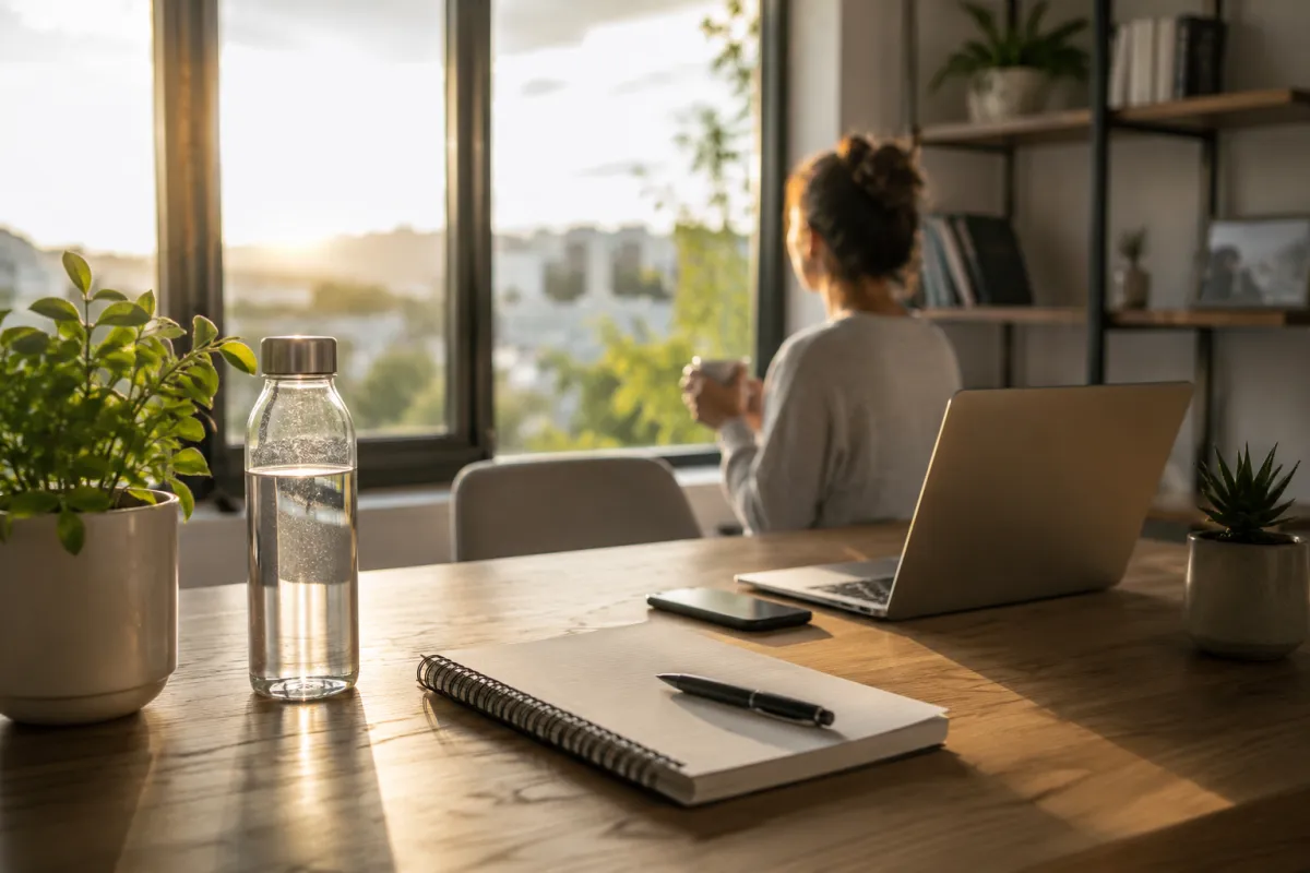 Ruhiger Arbeitsplatz mit Tageslicht, Wasserflasche, Notizbuch und Laptop als Symbol für Klarheit, Gesundheit und Alltag