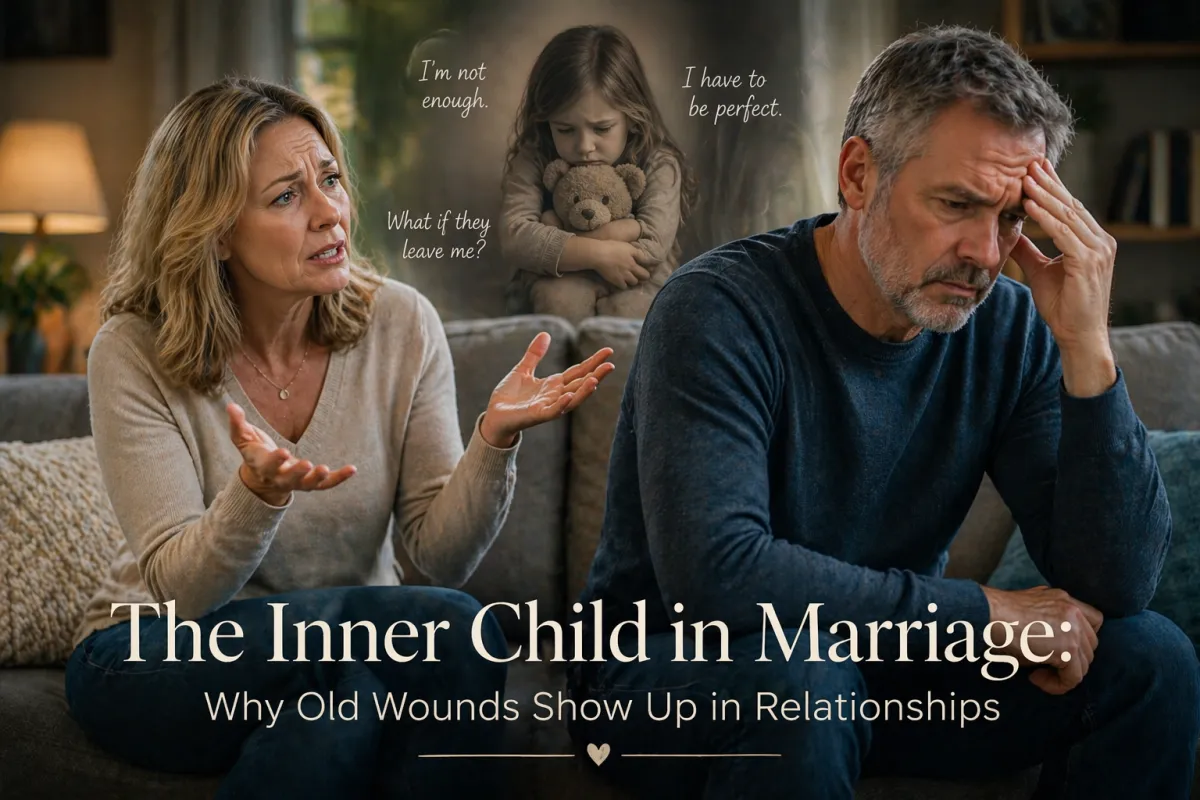 Couple arguing on couch showing emotional triggers and repeating arguments in marriage