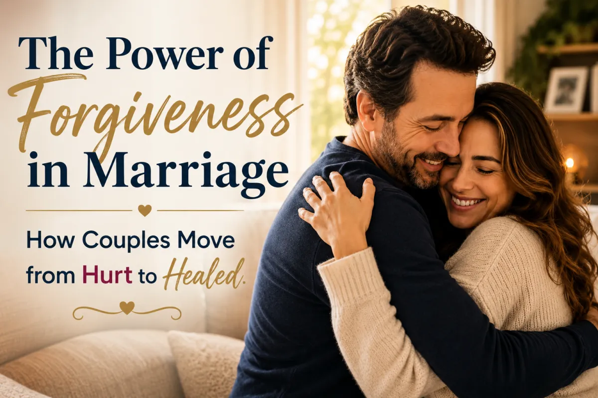 A smiling husband and wife embrace after reconciling, representing forgiveness, healing, and emotional connection in marriage after conflict.
