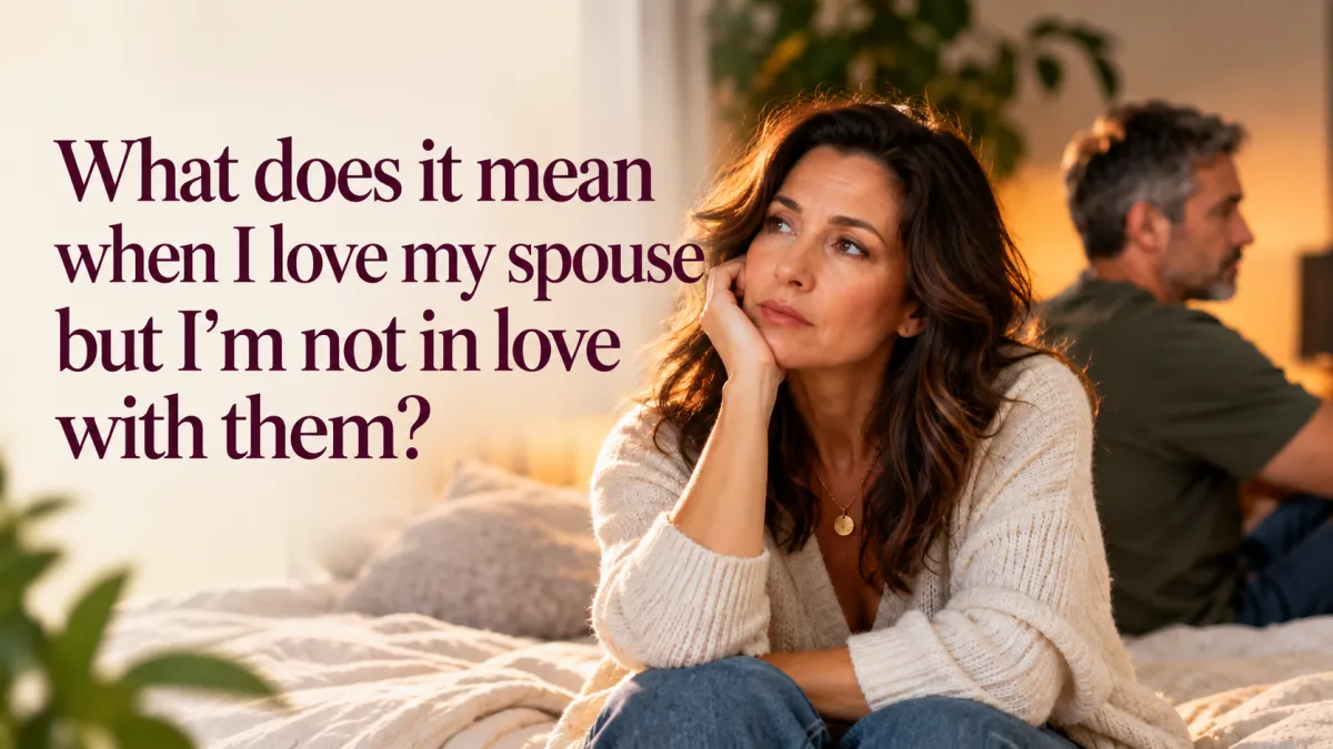 Thoughtful married woman sitting apart from her husband, reflecting on loving her spouse but not feeling in love.