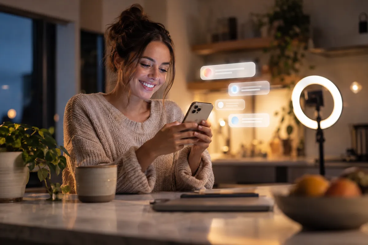 Creator smiling at her phone as comments come in