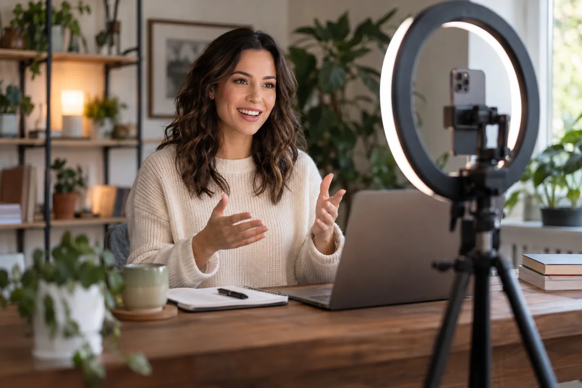 Creator recording a lesson on a phone with a ring light