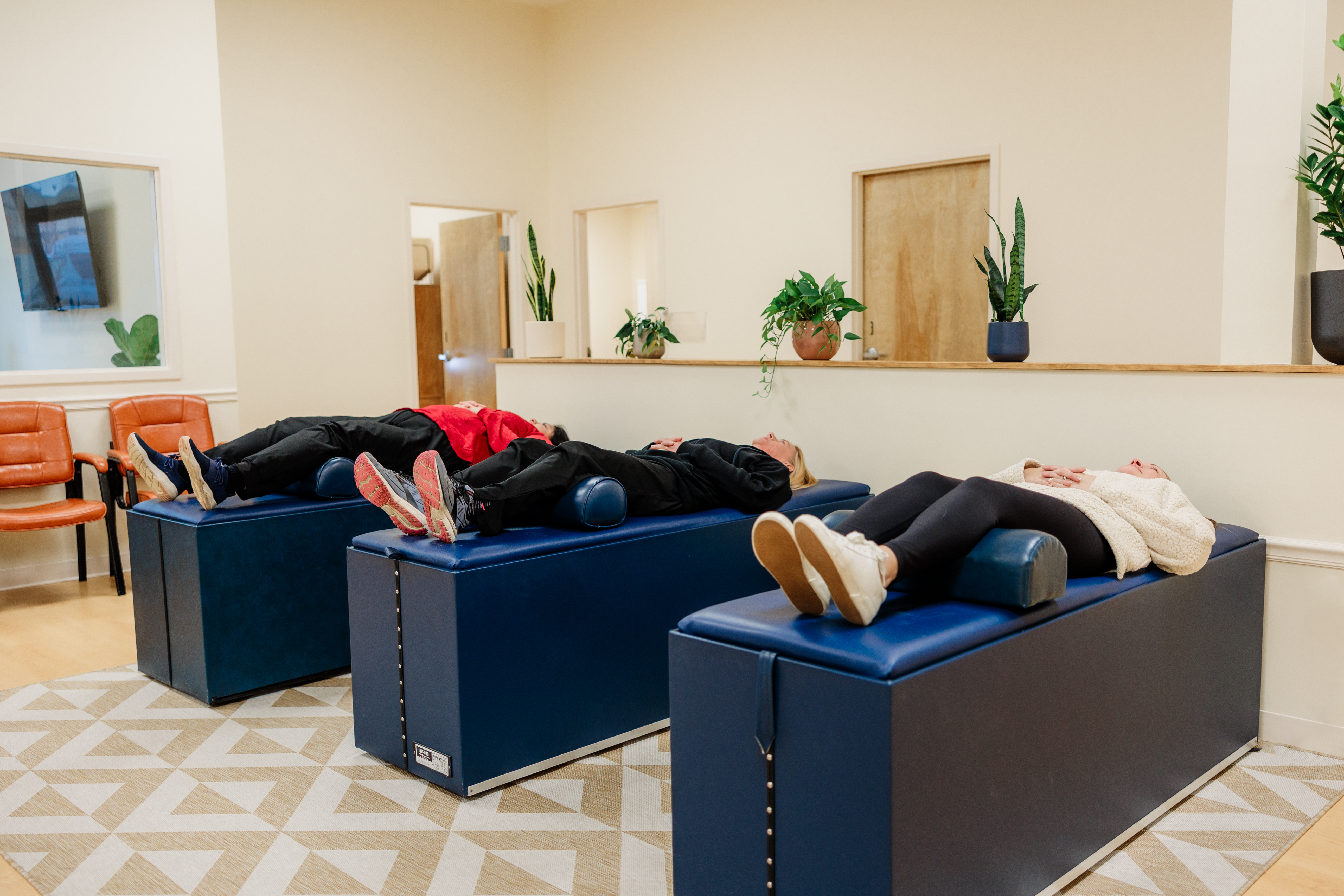 Patient relaxing on an intersegmental traction table