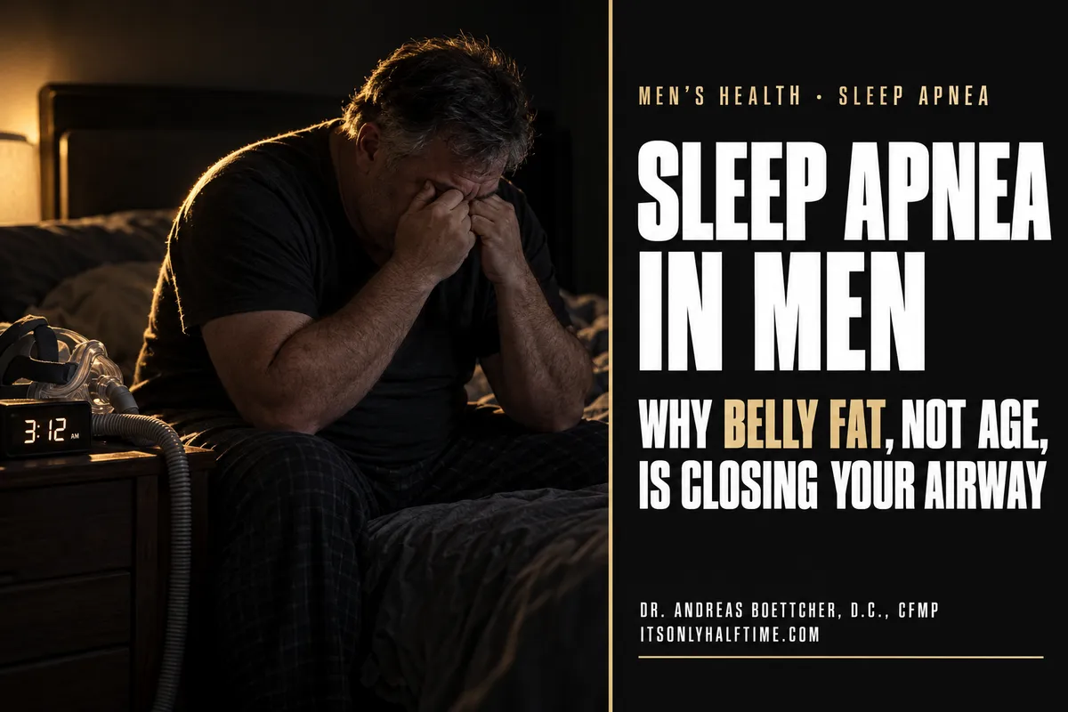 Man in his fifties sitting on the edge of his bed at 3 a.m. beside an unworn CPAP mask, with the headline "Sleep Apnea in Men: Why Belly Fat, Not Age, Is Closing Your Airway.