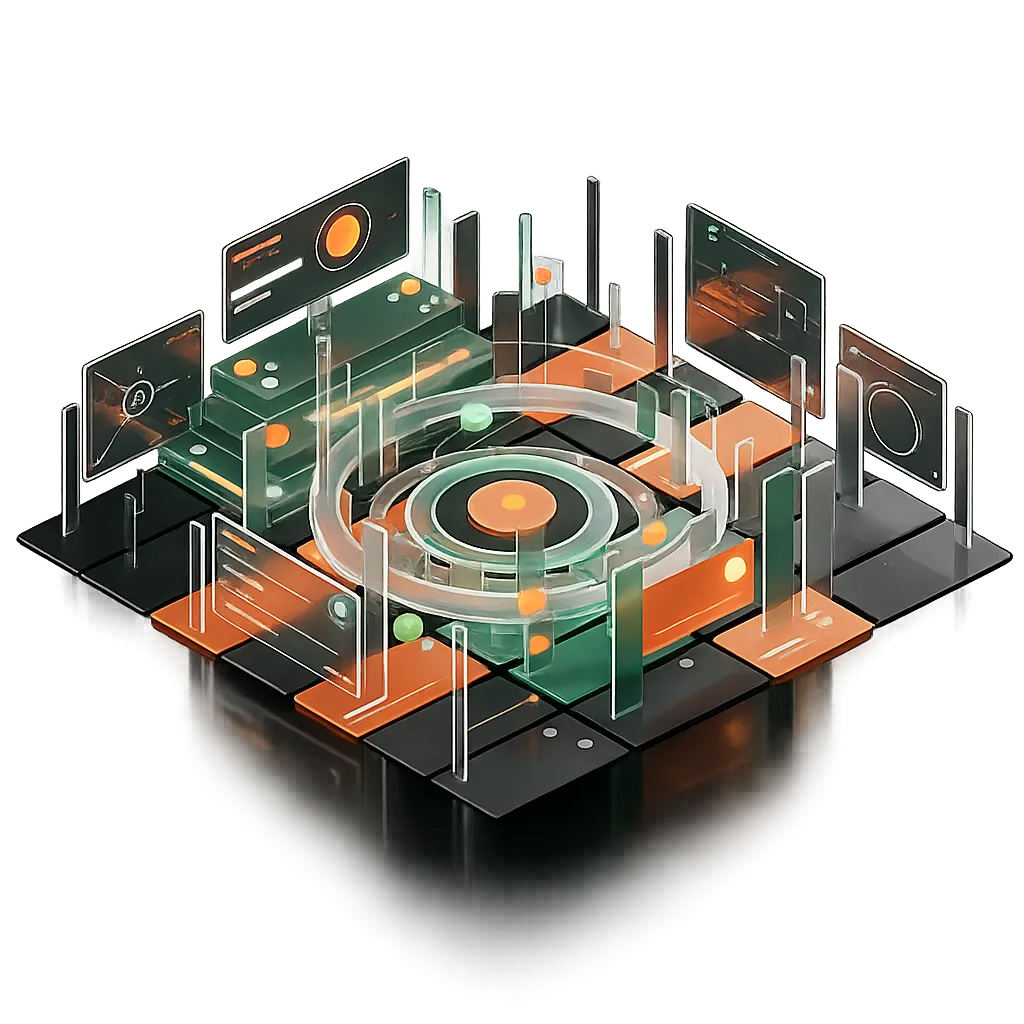 3D illustration of the Deacon Solutions white-label marketing system showing connected dashboards, automation workflows, and analytics tools.