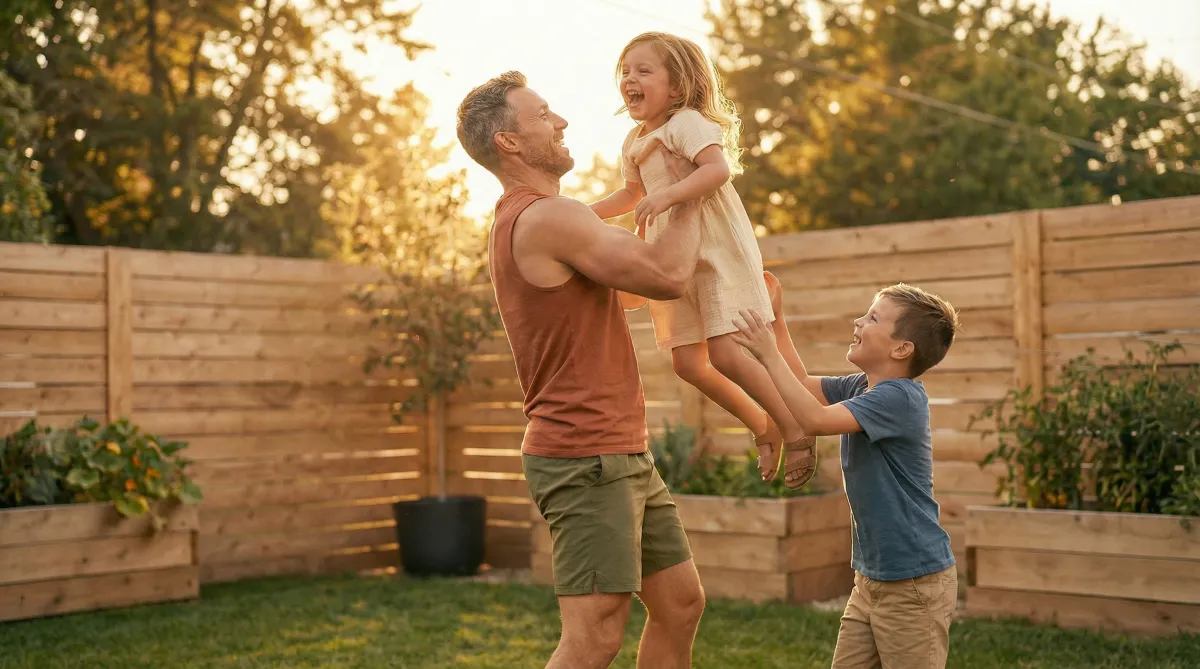 Dad exercising with child at home, looking strong and energized