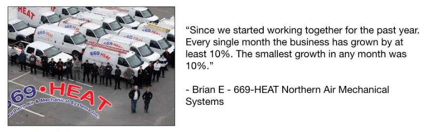 Brian E., 669-HEAT Northern Air Mechanical Systems — already at ~$4M a year and capped, then grew another 10% every month for a full year, to about $6M.