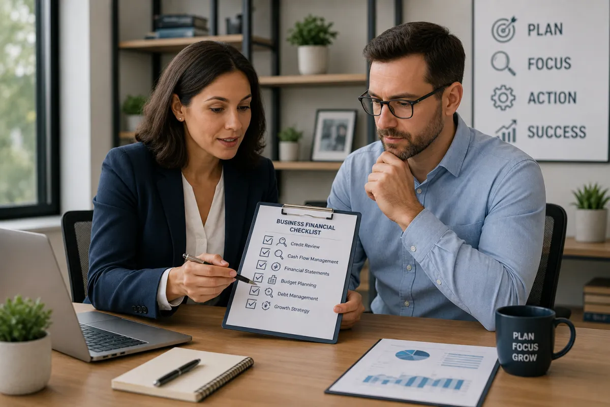 Business owner and financial professional reviewing a checklist.