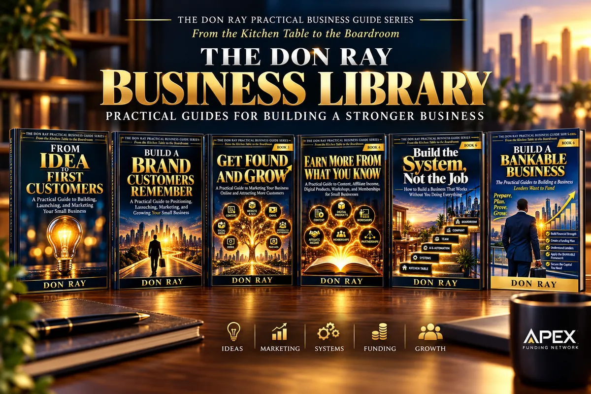Don Ray Business Library featuring six practical business guide covers on topics including customers, branding, marketing, systems, funding readiness, and business growth.