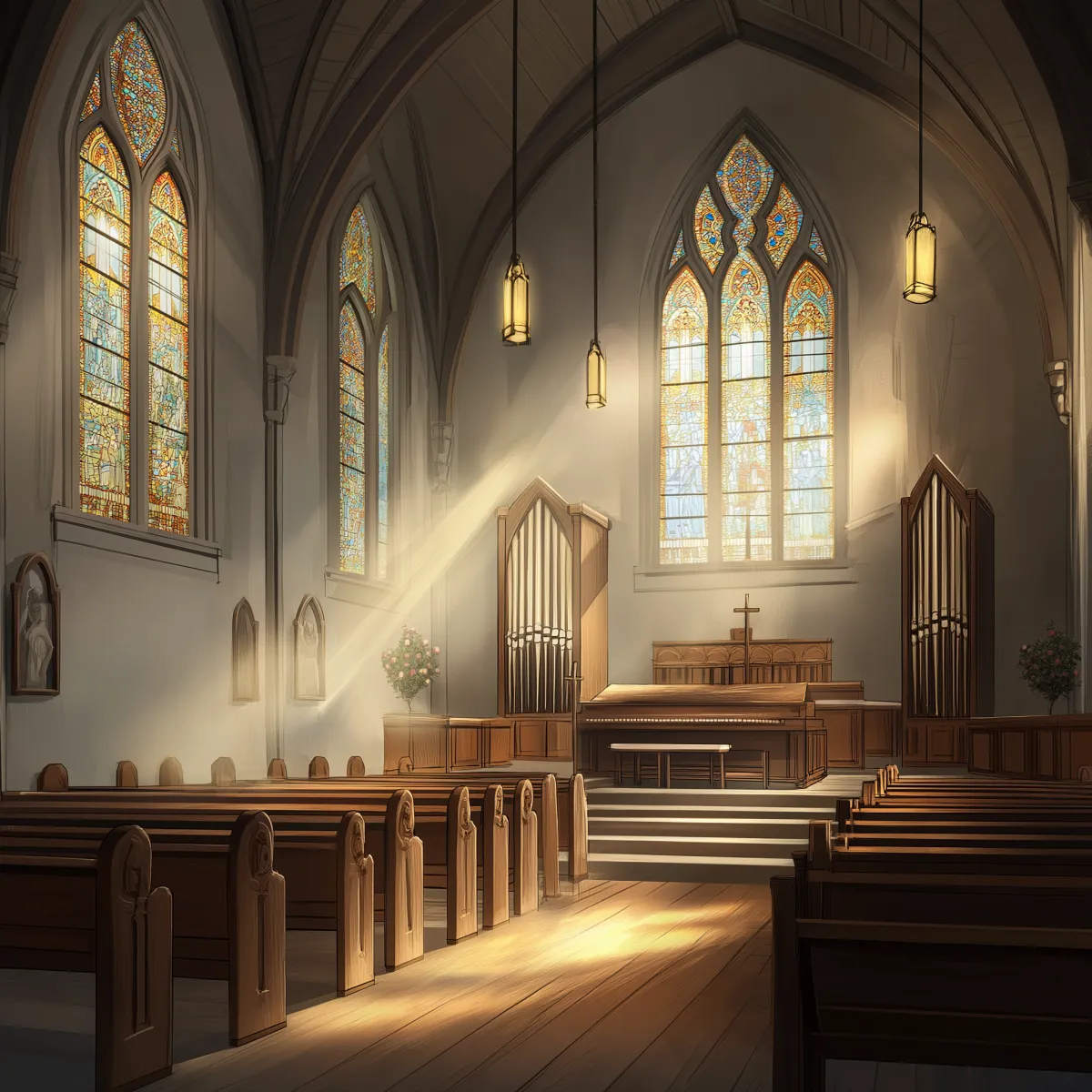 Inside of a christian church showing pews and sunshine coming through the stained glass windows