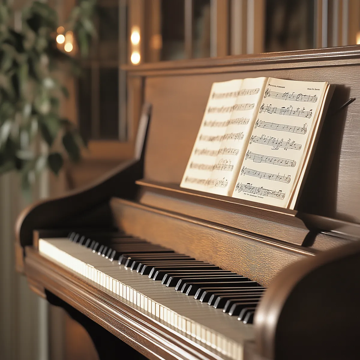 Upright piano with sheet music on the piano