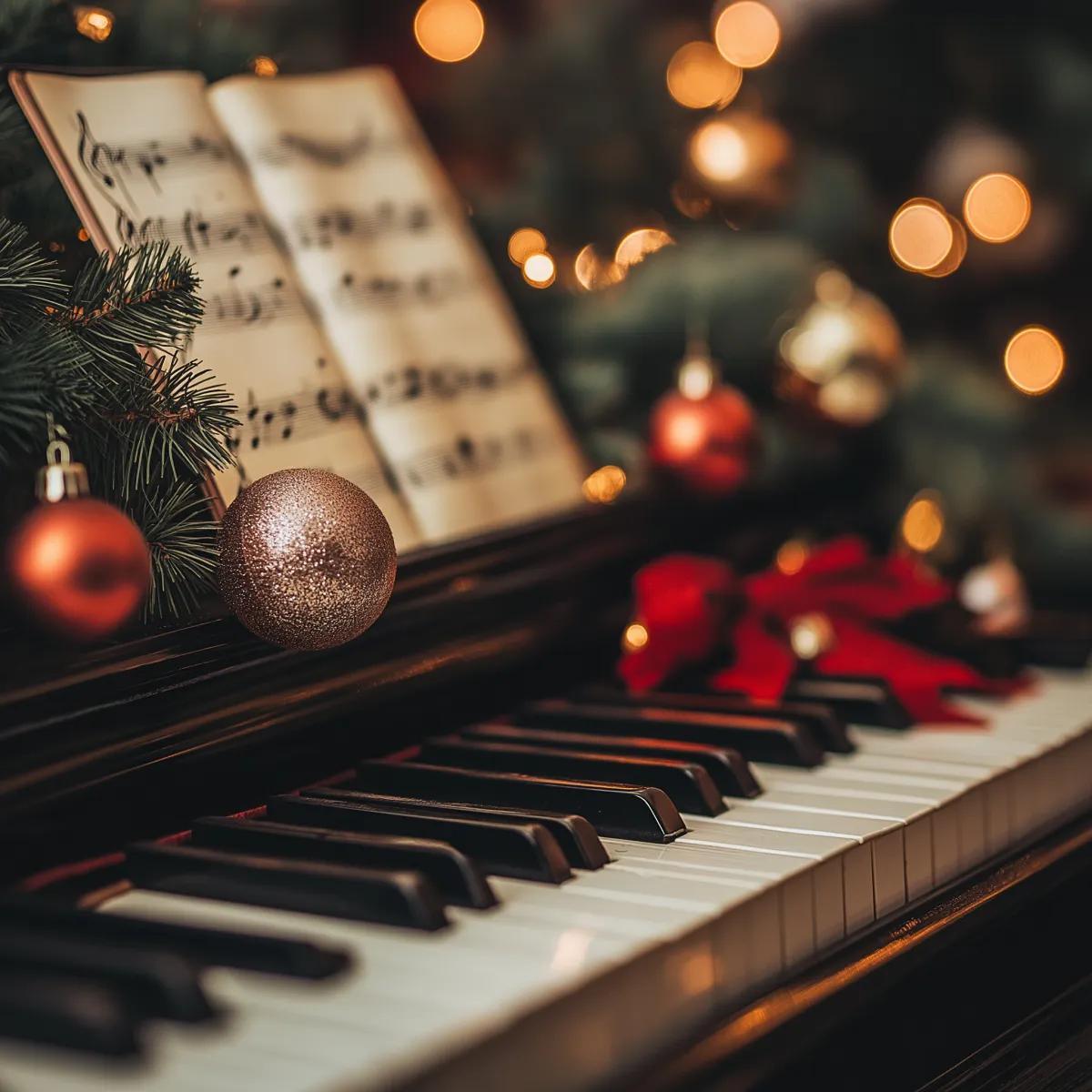 Piano with sheet music next to a blurry Christmas tree with lights and Christmas ornaments around the music on the piano 
