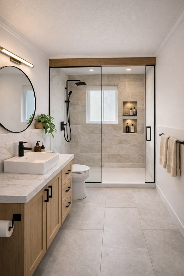 a bathroom with a toilet, sink, shower and mirror
