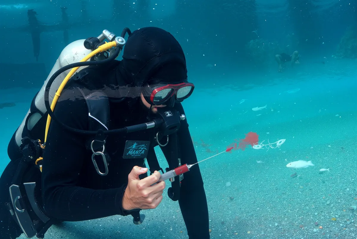 Manta Leak Detection diver performing an underwater dye test to locate a pool leak