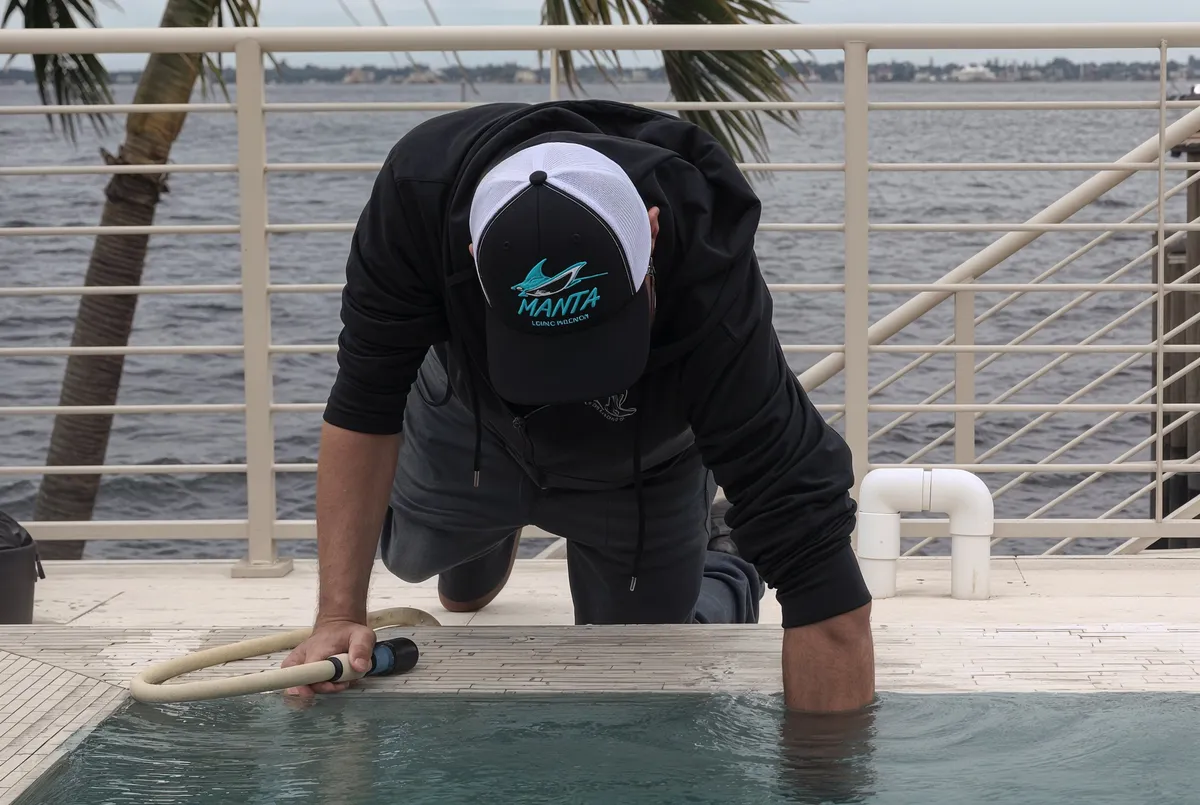 Manta Leak Detection technician checking a pool edge for leaks during a poolside inspection