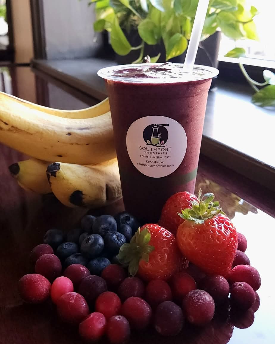 Smoothie made with real, fresh ingredients - banana, blueberries, strawberries, cranberries. dairy free gluten free