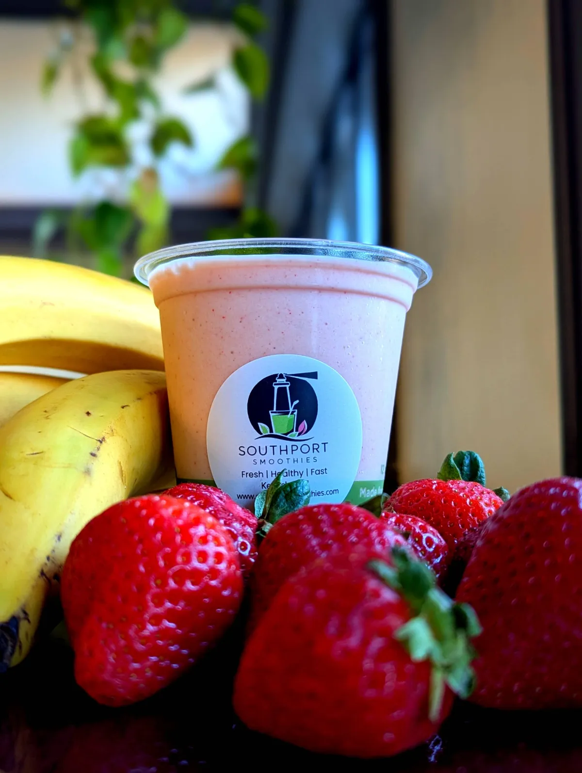 Smoothie made with real, fresh ingredients - strawberries, bananas, yogurt - gluten free