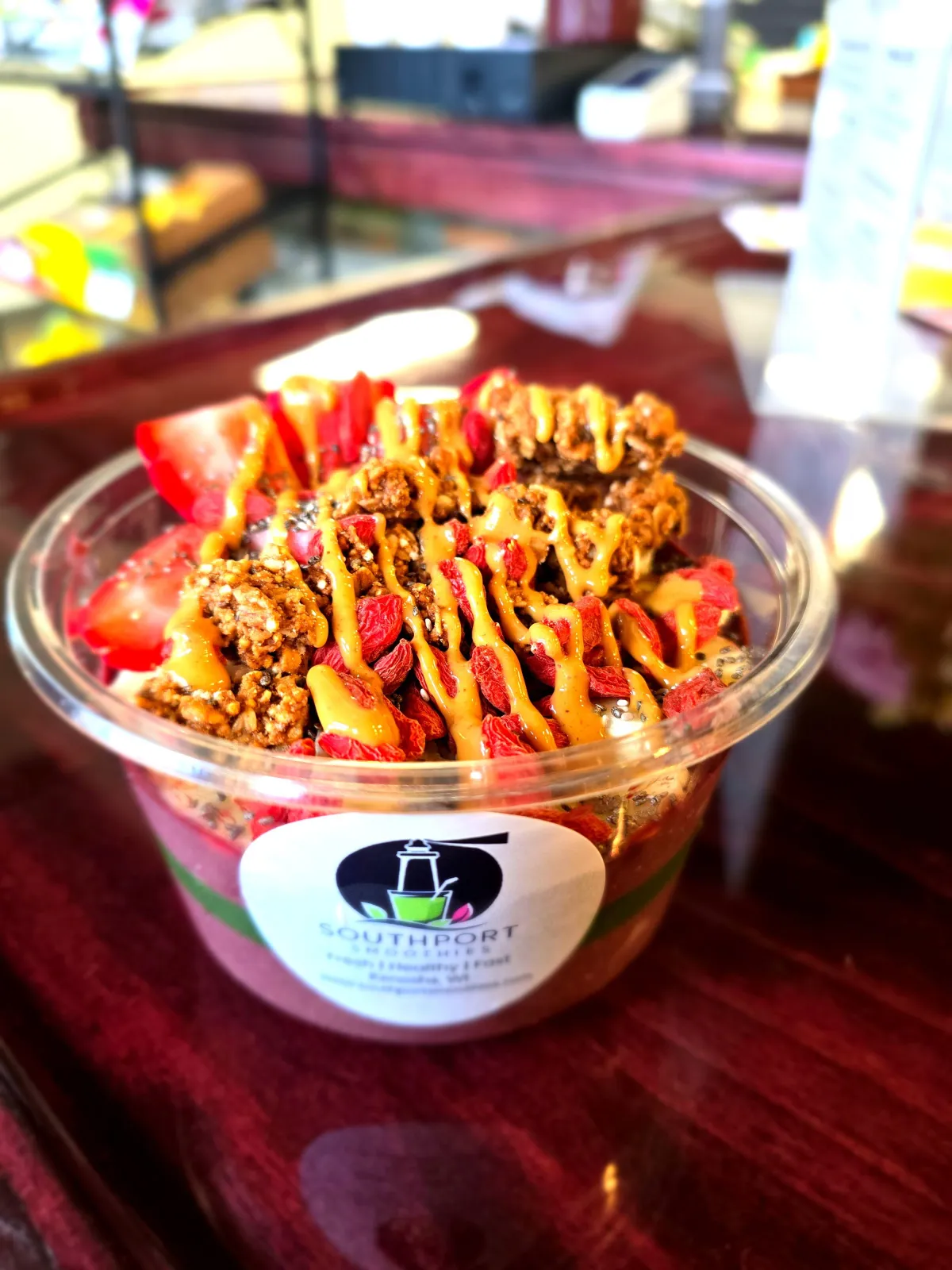 Acai smoothie bowl made with real fruit. Gluten free, dairy free