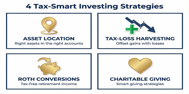 Infographic of four key tax-smart investing strategies: asset location, tax-loss harvesting, Roth conversions, and charitable giving.