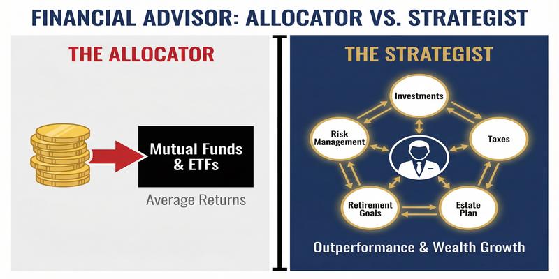 Diagram comparing a simple asset allocator to a comprehensive financial strategist who takes a holistic view.