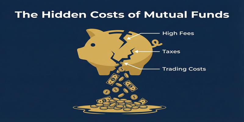 Infographic showing the hidden costs of mutual funds, including fees, taxes, and trading costs.