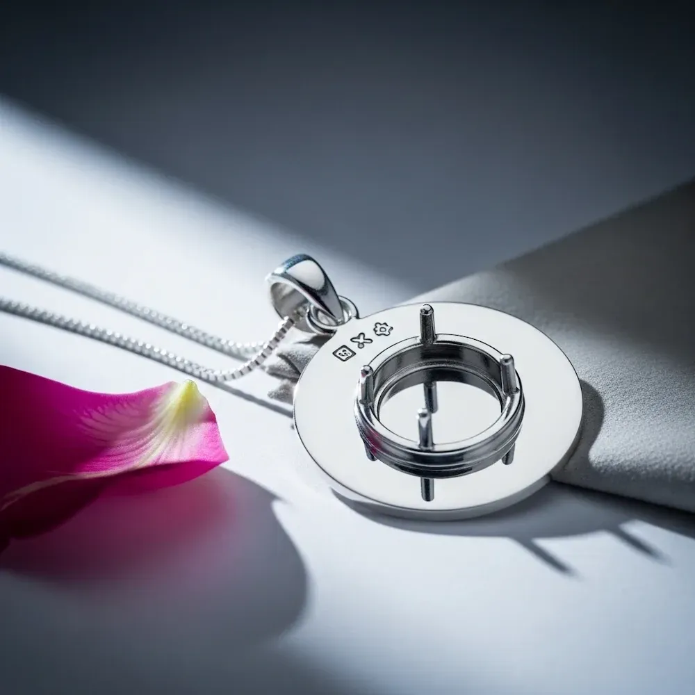 A sterling silver necklace with a pink rose petal