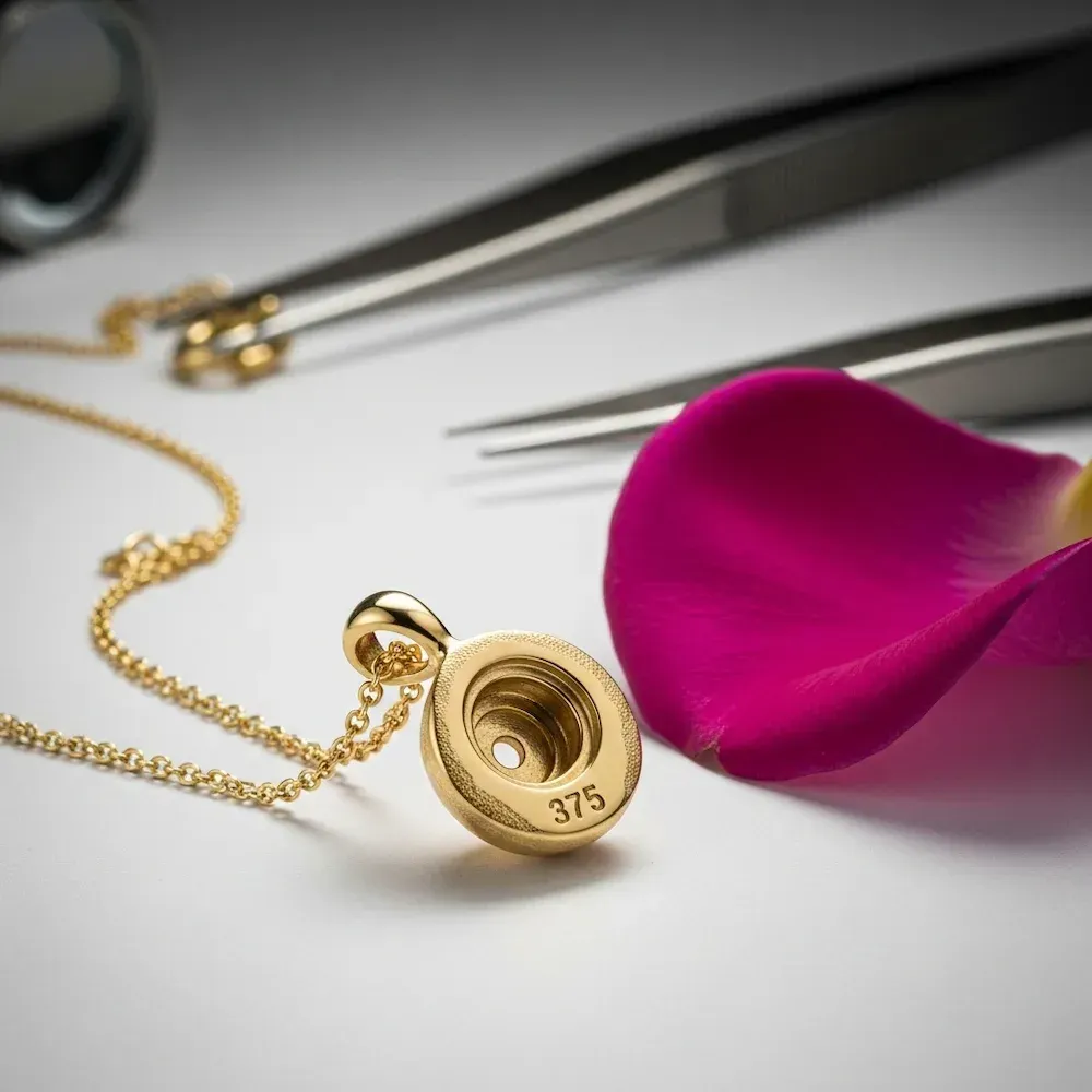 A 9 carat gold necklace next to a pink rose petal
