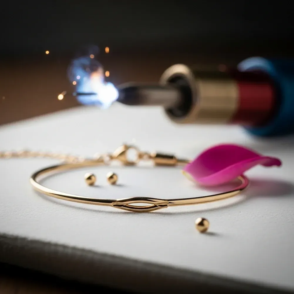 A bracelet with a pink rose petal in front of a smouldering iron