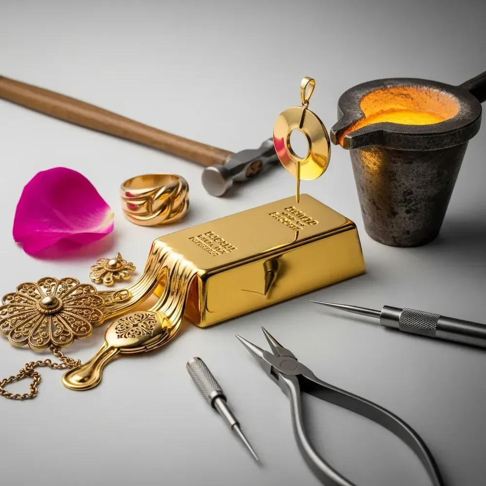A melting gold bullion with jewellery tools and a hot lava pot beside it