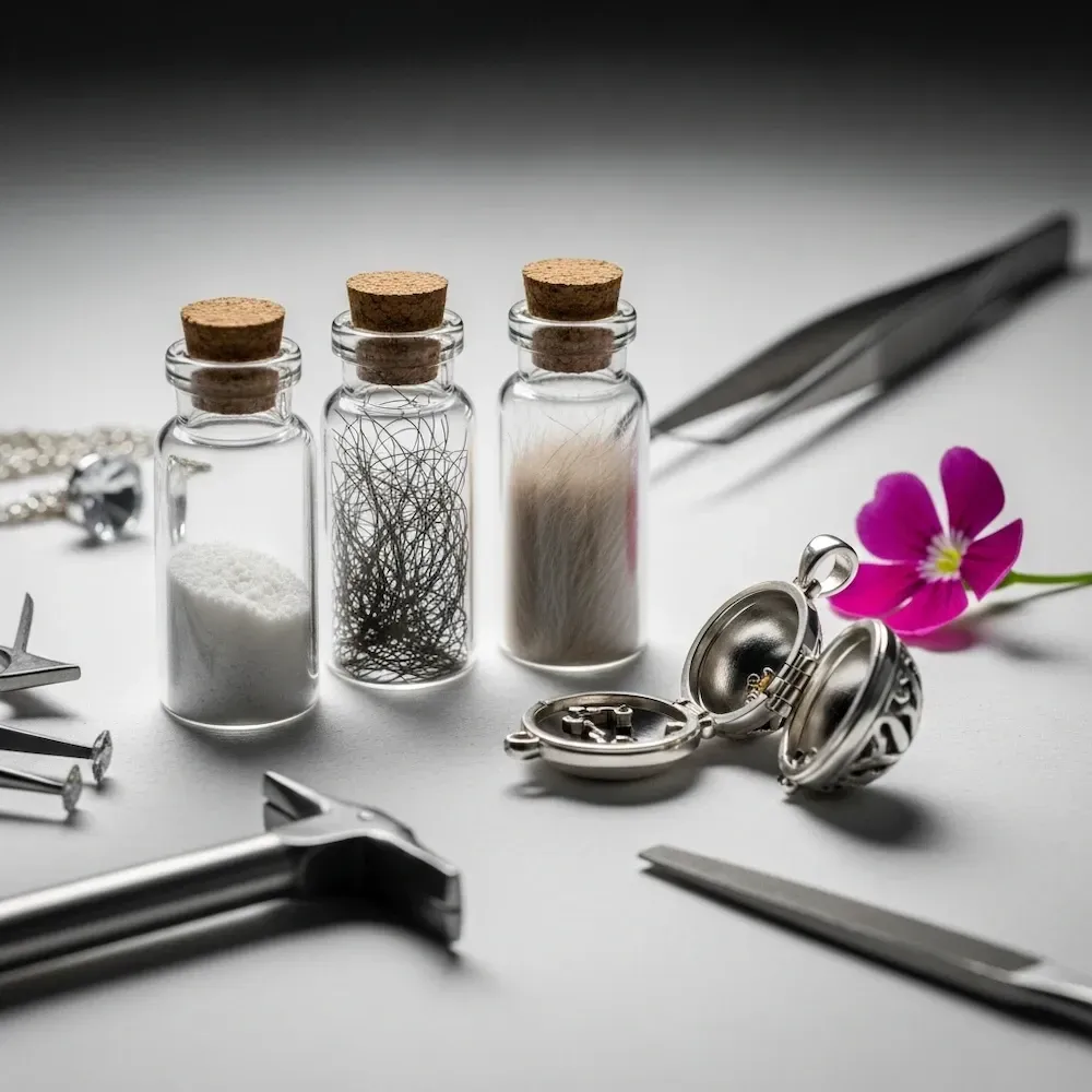 3 small glass bottles with ashes, hair and fur inside, surrounded by jewellery tools and a pink flower petal