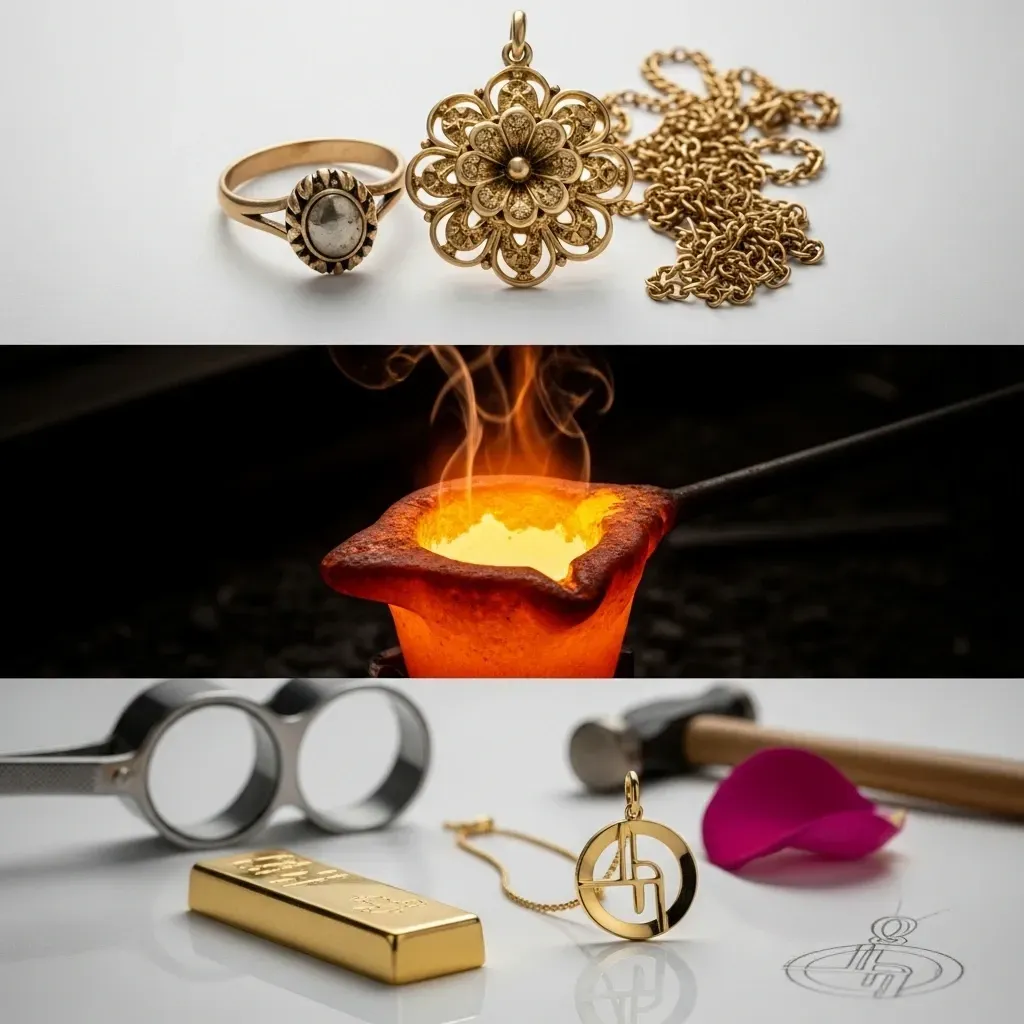 Split into three, one with gold jewellery, one with a hot iron pot for melting jewellery and the third with jewellery tools and a small bullion of gold