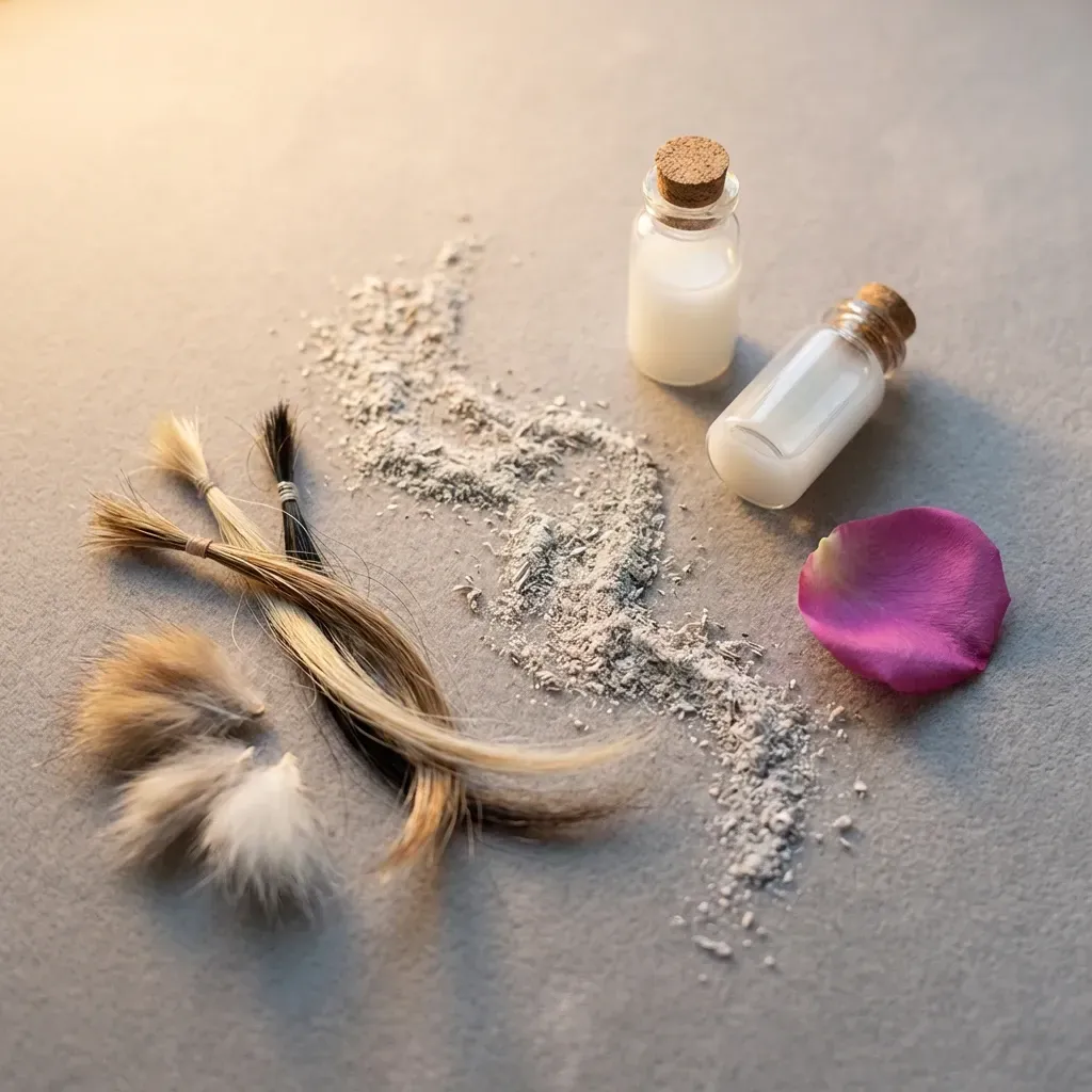 Collections of fur, hair, ashes and breastmilk in bottle with a pink rose petal