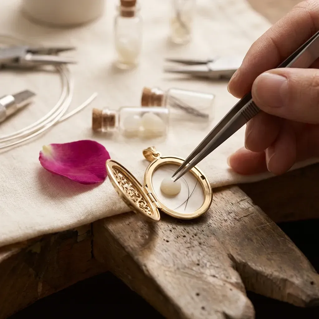 A hand with tweezers, putting hair into a gold locket